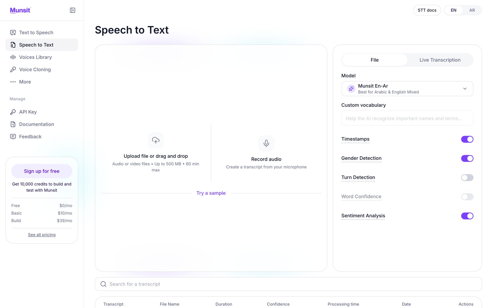 Live speech to text: upload and record targets left, toggles right, transcript table below.
