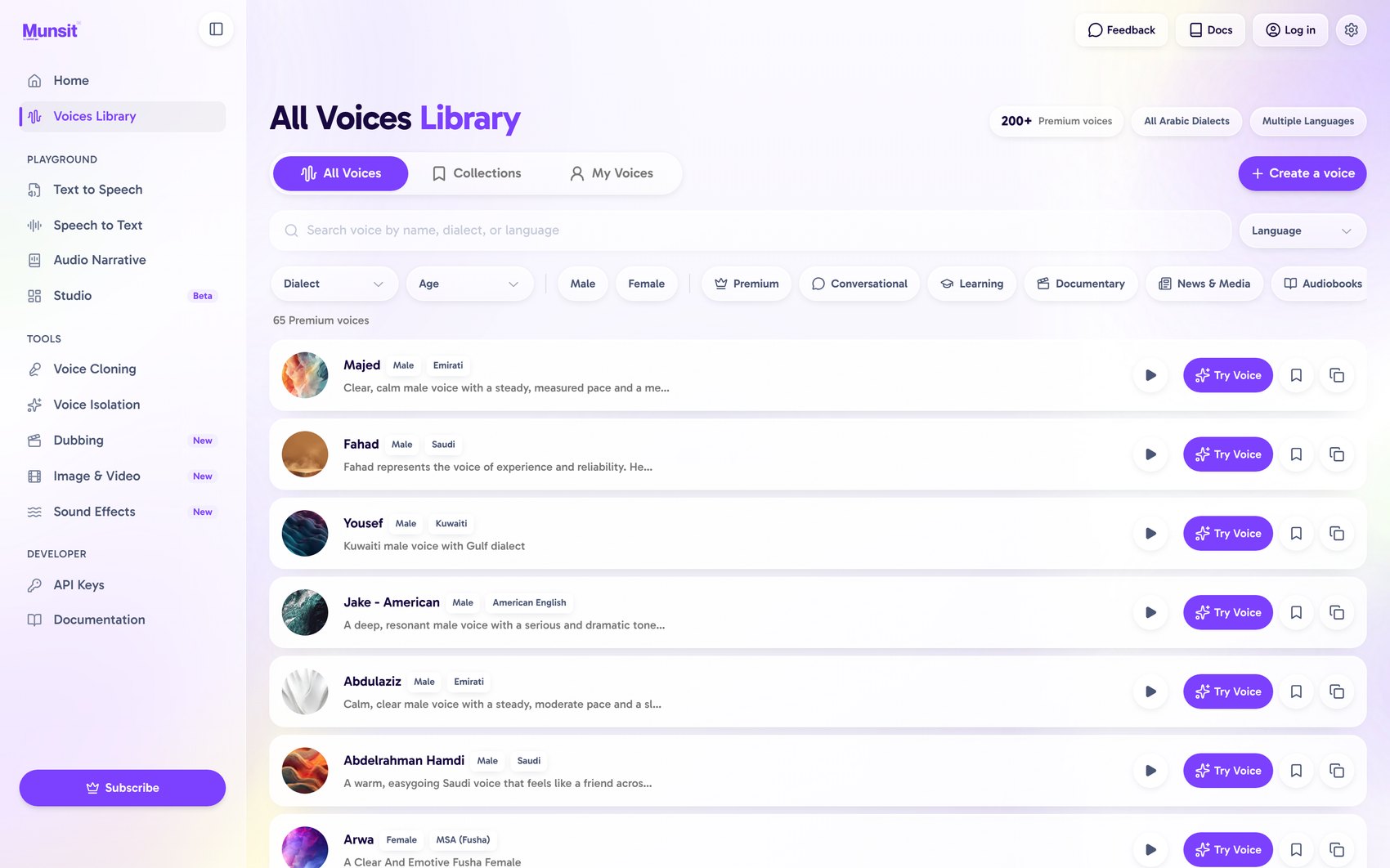 Pre-revamp voices library: a flat list of 65 voices under eleven filter chips.