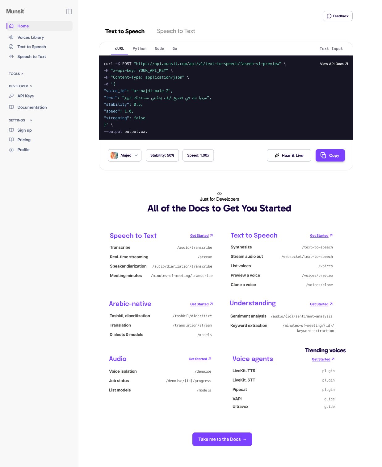 Dev Connect concept leading with a cURL block and endpoint directory.