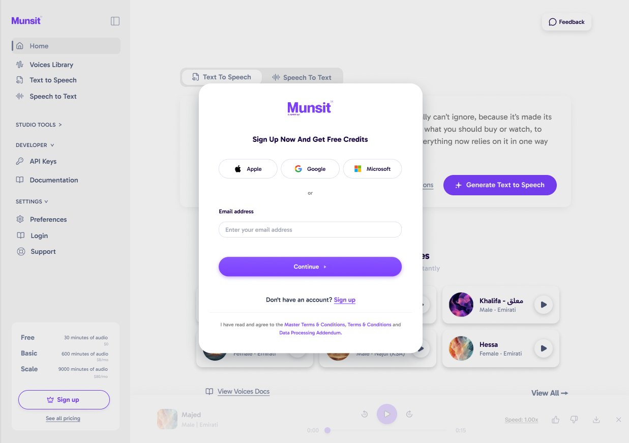 Sign-up modal over a dimmed home page with an audio player visible beneath.